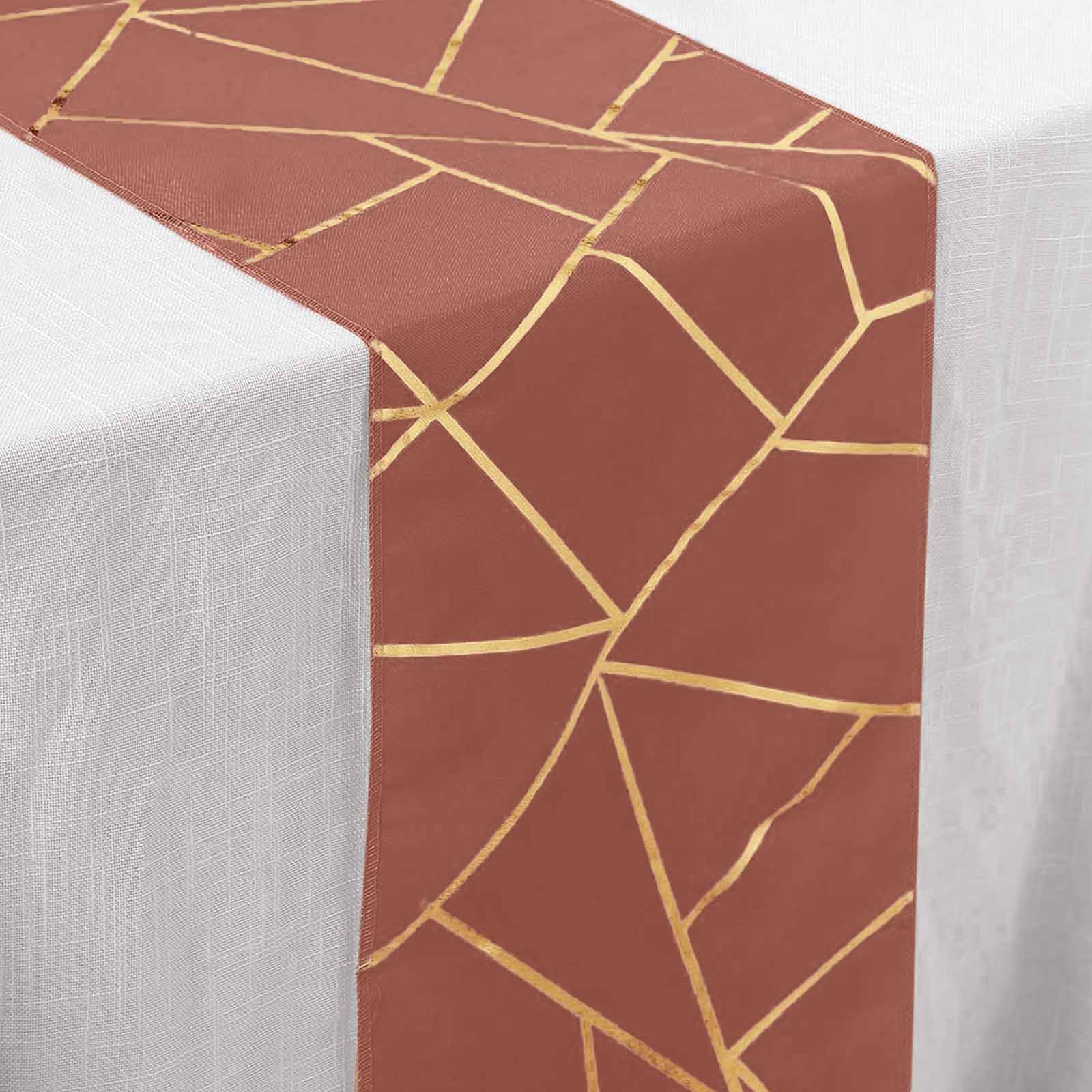 Polyester 9ft Table Runner Terracotta (Rust) with Gold Foil Modern Geometric Accent - Bell Racket Store