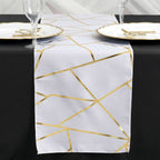 Polyester 9ft Table Runner White with Gold Foil Geometric Pattern - Modern & Stylish Table Decor