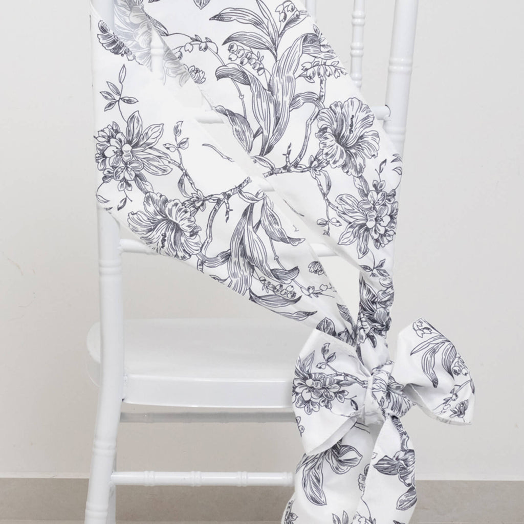 Polyester Chair Sashes White Black French Toile Floral Design - Wrinkle - Resistant & Durable Chair Bows 6"x108" - Bell Racket Store