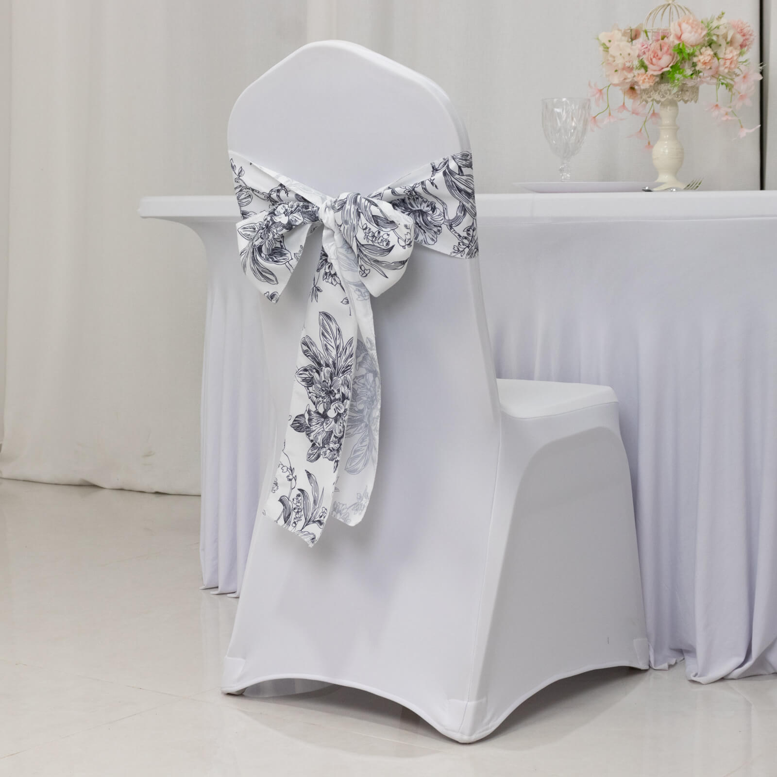 Polyester Chair Sashes White Black French Toile Floral Design - Wrinkle - Resistant & Durable Chair Bows 6"x108" - Bell Racket Store
