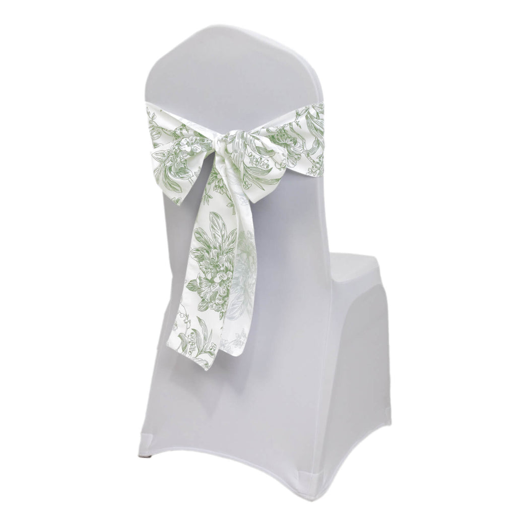 Polyester Chair Sashes White Dusty Sage Green French Toile Floral Design - Wrinkle - Resistant & Durable Chair Bows 6"x108" - Bell Racket Store