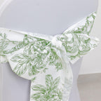 Polyester Chair Sashes White Dusty Sage Green French Toile Floral Design - Wrinkle - Resistant & Durable Chair Bows 6"x108" - Bell Racket Store