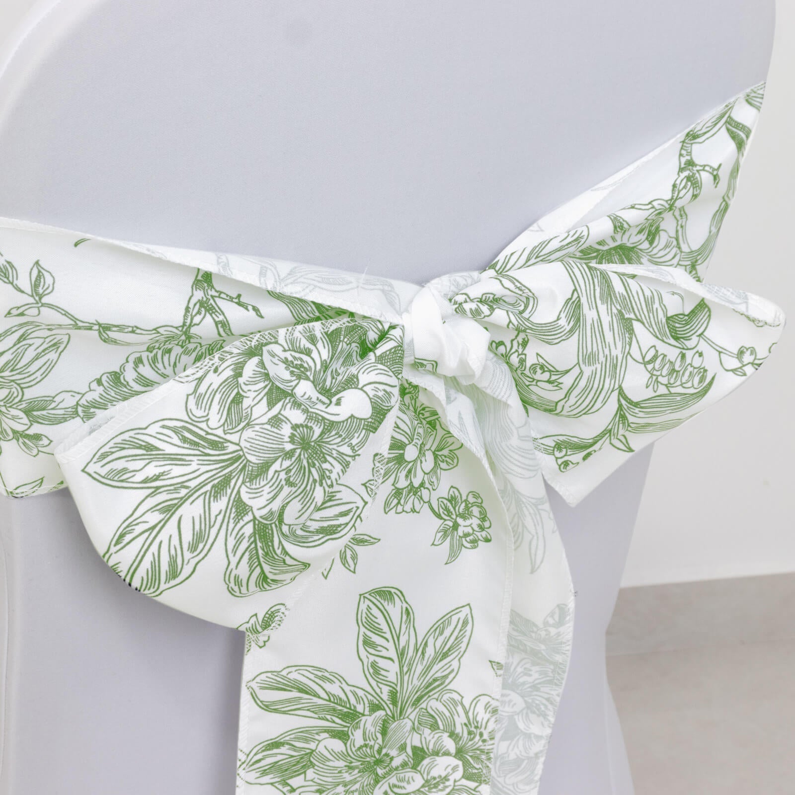 Polyester Chair Sashes White Dusty Sage Green French Toile Floral Design - Wrinkle - Resistant & Durable Chair Bows 6"x108" - Bell Racket Store