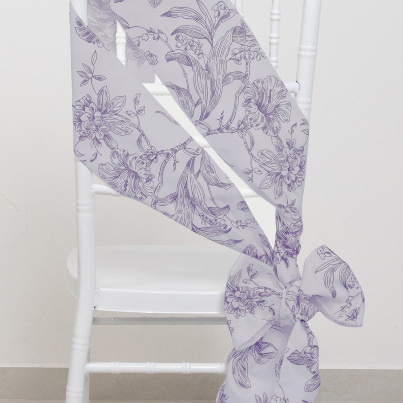 Polyester Chair Sashes White Lavender Lilac French Toile Floral Design - Wrinkle - Resistant & Durable Chair Bows for Exquisite Weddings & Banquets 6"x108" - Bell Racket Store