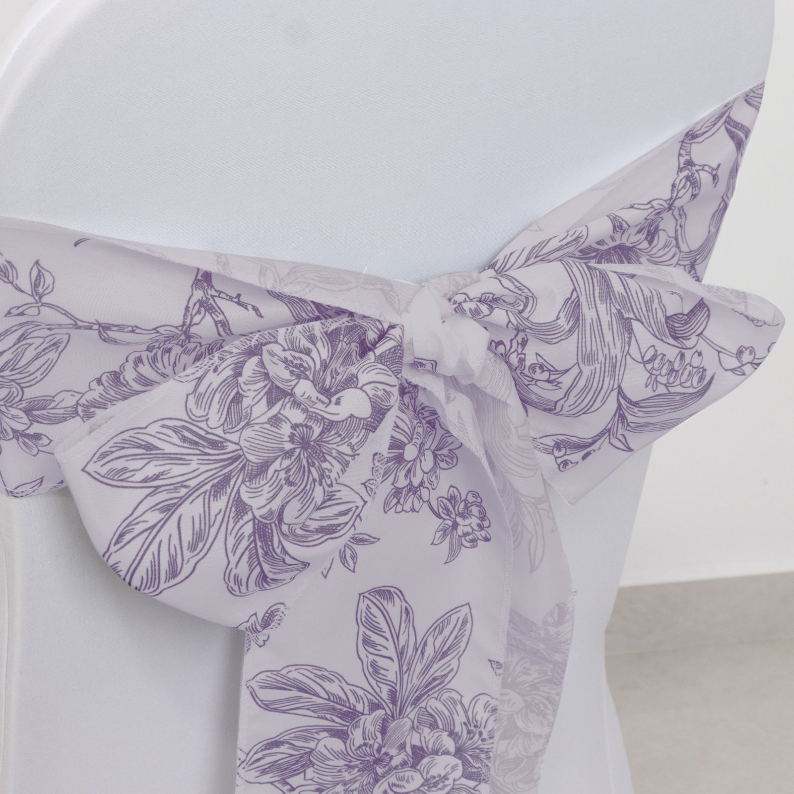 Polyester Chair Sashes White Lavender Lilac French Toile Floral Design - Wrinkle - Resistant & Durable Chair Bows for Exquisite Weddings & Banquets 6"x108" - Bell Racket Store