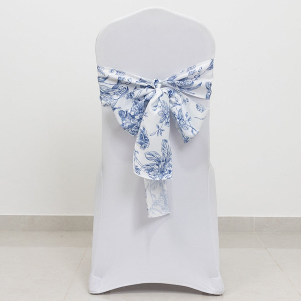 Polyester Chair Sashes White/Blue French Toile Floral Design - Wrinkle - Resistant & Durable Chair Bows for Exquisite Weddings & Banquets 6"x108" - Bell Racket Store