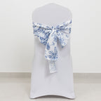 Polyester Chair Sashes White/Blue French Toile Floral Design - Wrinkle - Resistant & Durable Chair Bows for Exquisite Weddings & Banquets 6"x108" - Bell Racket Store