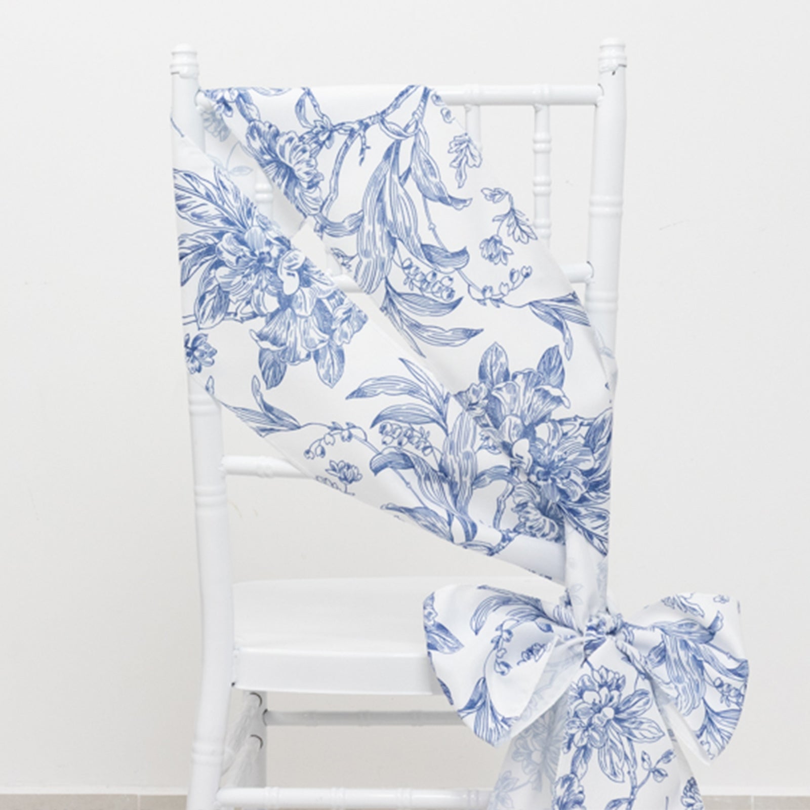 Polyester Chair Sashes White/Blue French Toile Floral Design - Wrinkle - Resistant & Durable Chair Bows for Exquisite Weddings & Banquets 6"x108" - Bell Racket Store