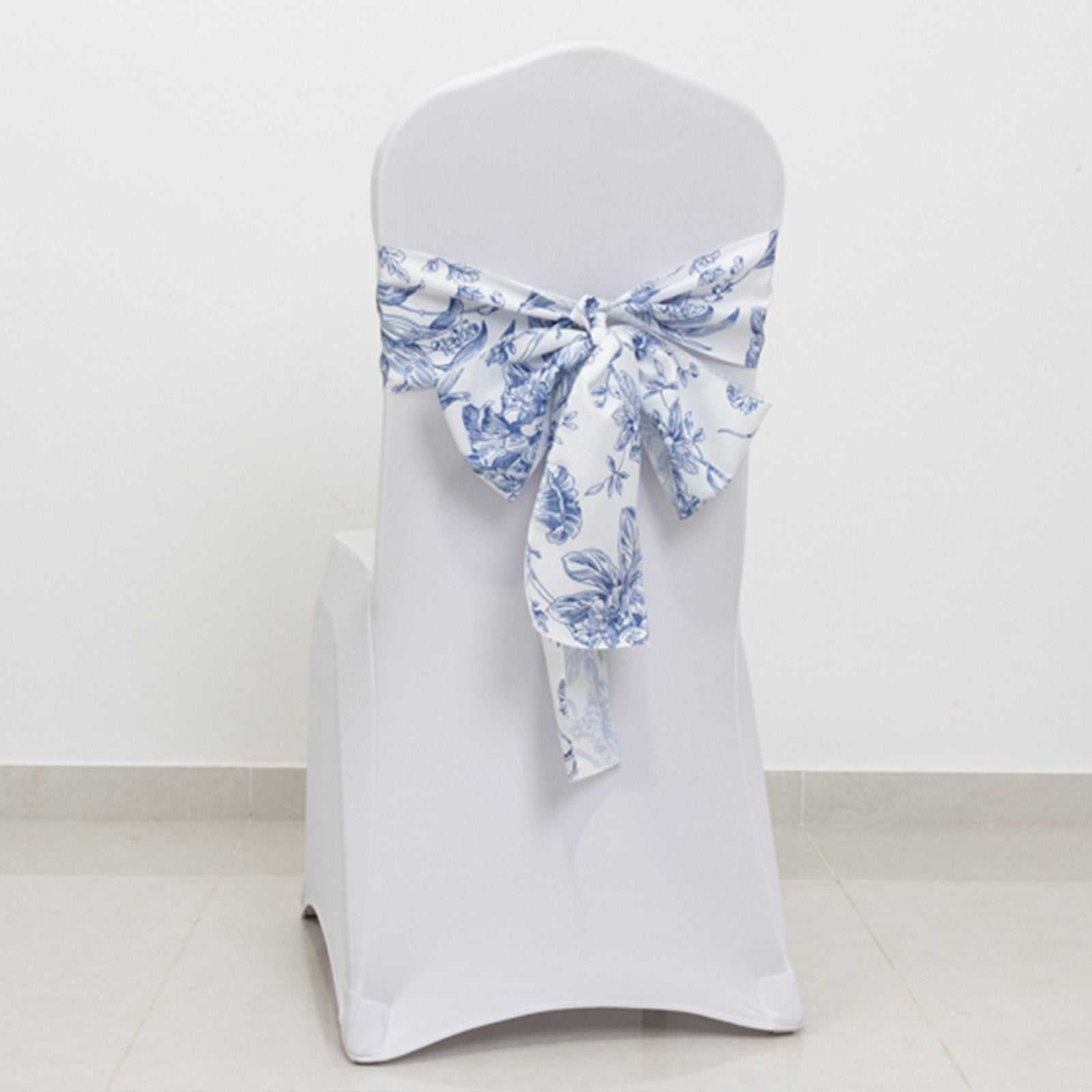 Polyester Chair Sashes White/Blue French Toile Floral Design - Wrinkle - Resistant & Durable Chair Bows for Exquisite Weddings & Banquets 6"x108" - Bell Racket Store