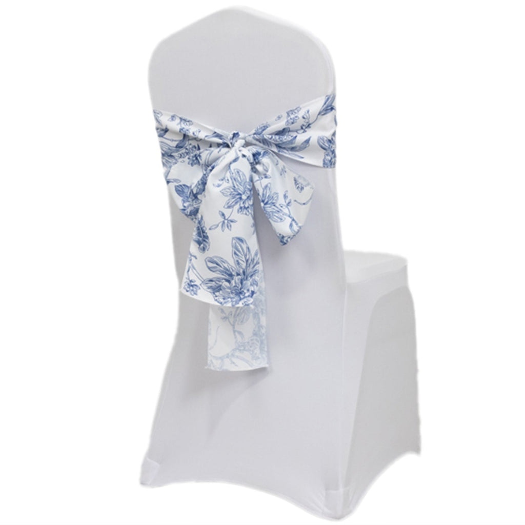 Polyester Chair Sashes White/Blue French Toile Floral Design - Wrinkle - Resistant & Durable Chair Bows for Exquisite Weddings & Banquets 6"x108" - Bell Racket Store