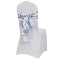 Polyester Chair Sashes White/Blue French Toile Floral Design - Wrinkle - Resistant & Durable Chair Bows for Exquisite Weddings & Banquets 6"x108" - Bell Racket Store