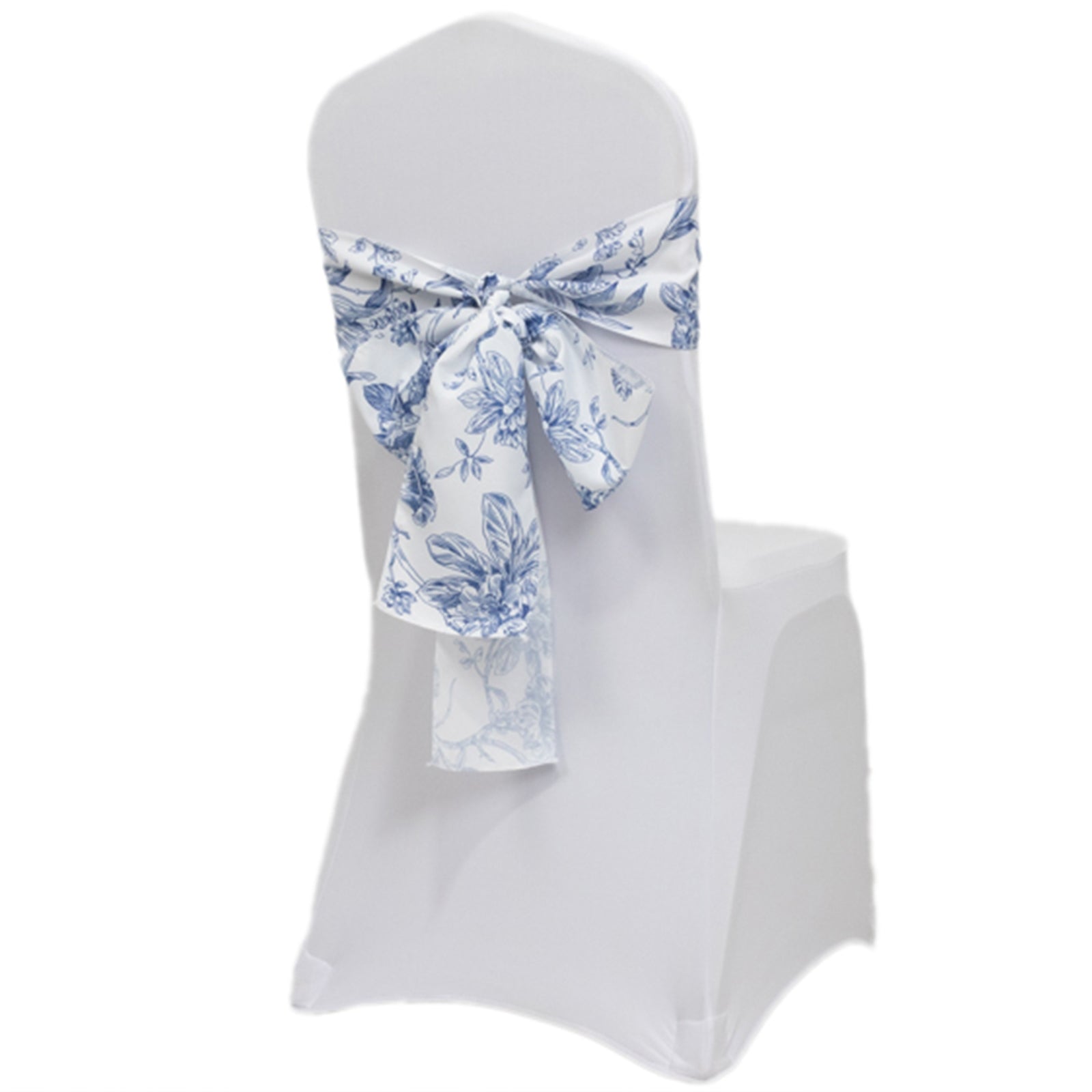Polyester Chair Sashes White/Blue French Toile Floral Design - Wrinkle - Resistant & Durable Chair Bows for Exquisite Weddings & Banquets 6"x108" - Bell Racket Store