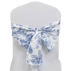 Polyester Chair Sashes White/Blue French Toile Floral Design - Wrinkle - Resistant & Durable Chair Bows for Exquisite Weddings & Banquets 6"x108" - Bell Racket Store