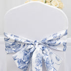 Polyester Chair Sashes White/Blue French Toile Floral Design - Wrinkle - Resistant & Durable Chair Bows for Exquisite Weddings & Banquets 6"x108" - Bell Racket Store