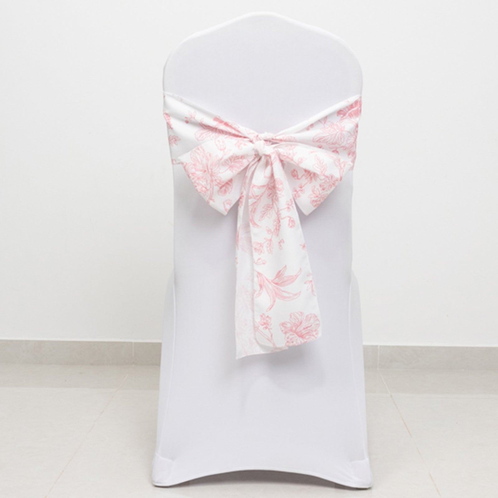 Polyester Chair Sashes White/Pink French Toile Floral Design - Wrinkle - Resistant & Durable Chair Bows 6"x108" - Bell Racket Store