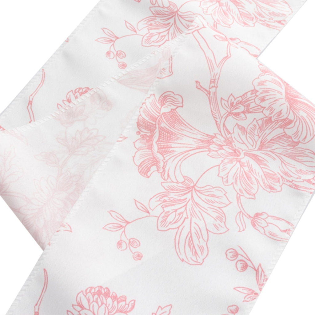 Polyester Chair Sashes White/Pink French Toile Floral Design - Wrinkle - Resistant & Durable Chair Bows 6"x108" - Bell Racket Store