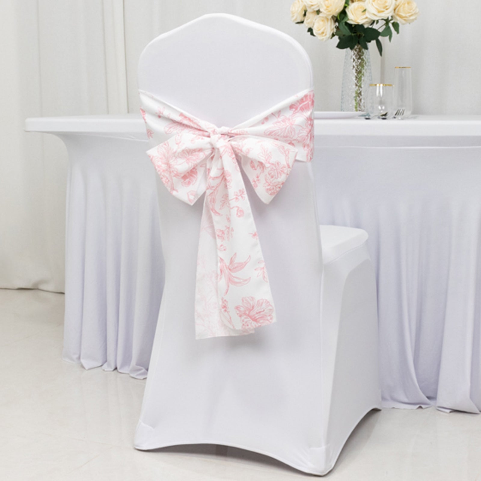 Polyester Chair Sashes White/Pink French Toile Floral Design - Wrinkle - Resistant & Durable Chair Bows 6"x108" - Bell Racket Store