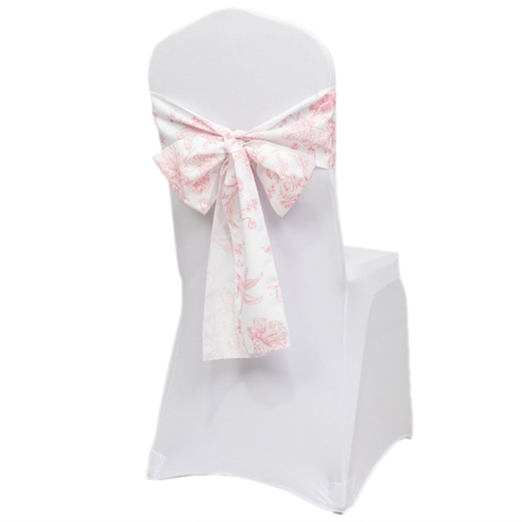 Polyester Chair Sashes White/Pink French Toile Floral Design - Wrinkle - Resistant & Durable Chair Bows 6"x108" - Bell Racket Store