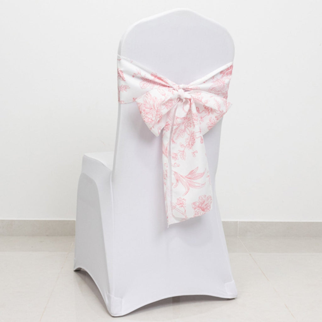 Polyester Chair Sashes White/Pink French Toile Floral Design - Wrinkle - Resistant & Durable Chair Bows 6"x108" - Bell Racket Store
