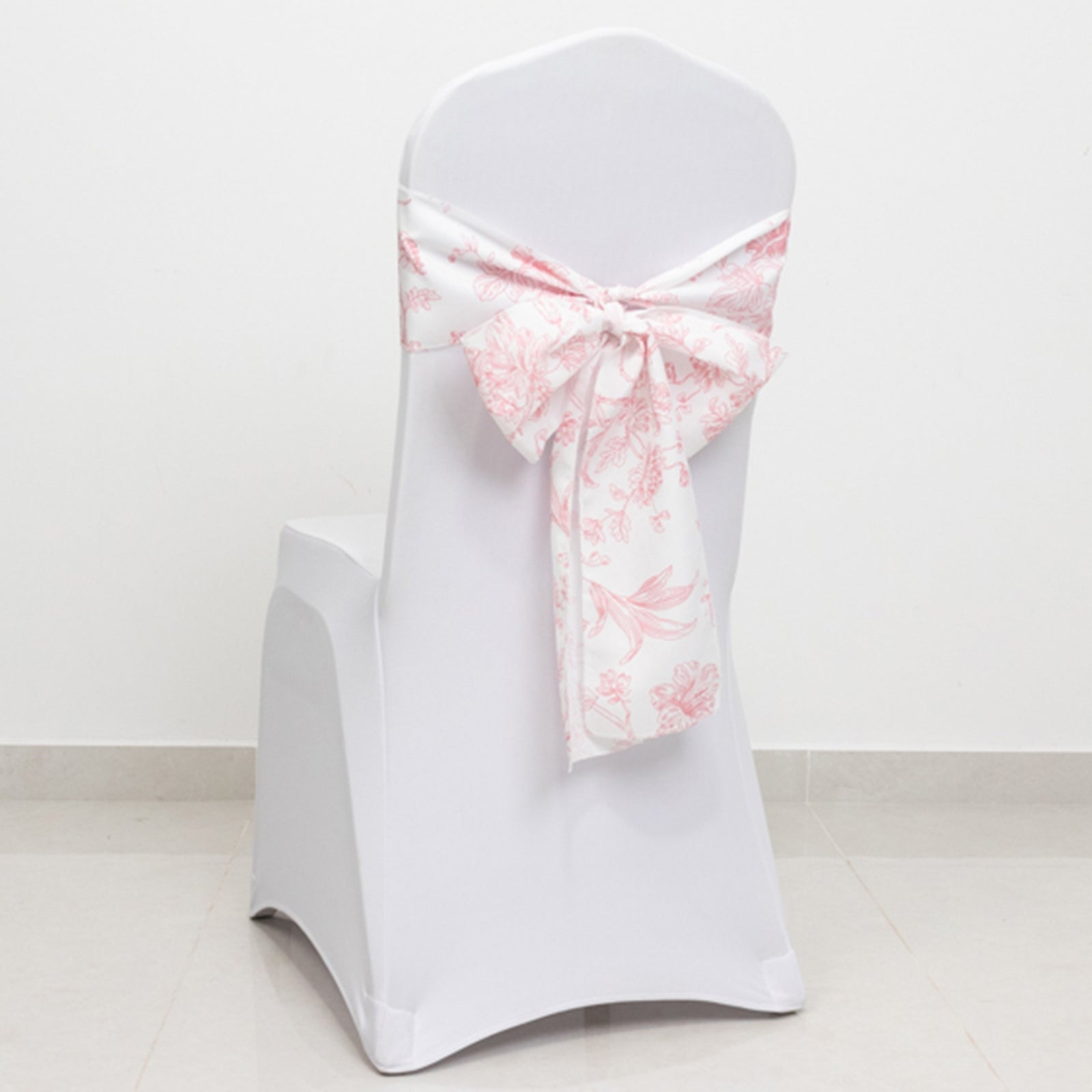 Polyester Chair Sashes White/Pink French Toile Floral Design - Wrinkle - Resistant & Durable Chair Bows 6"x108" - Bell Racket Store