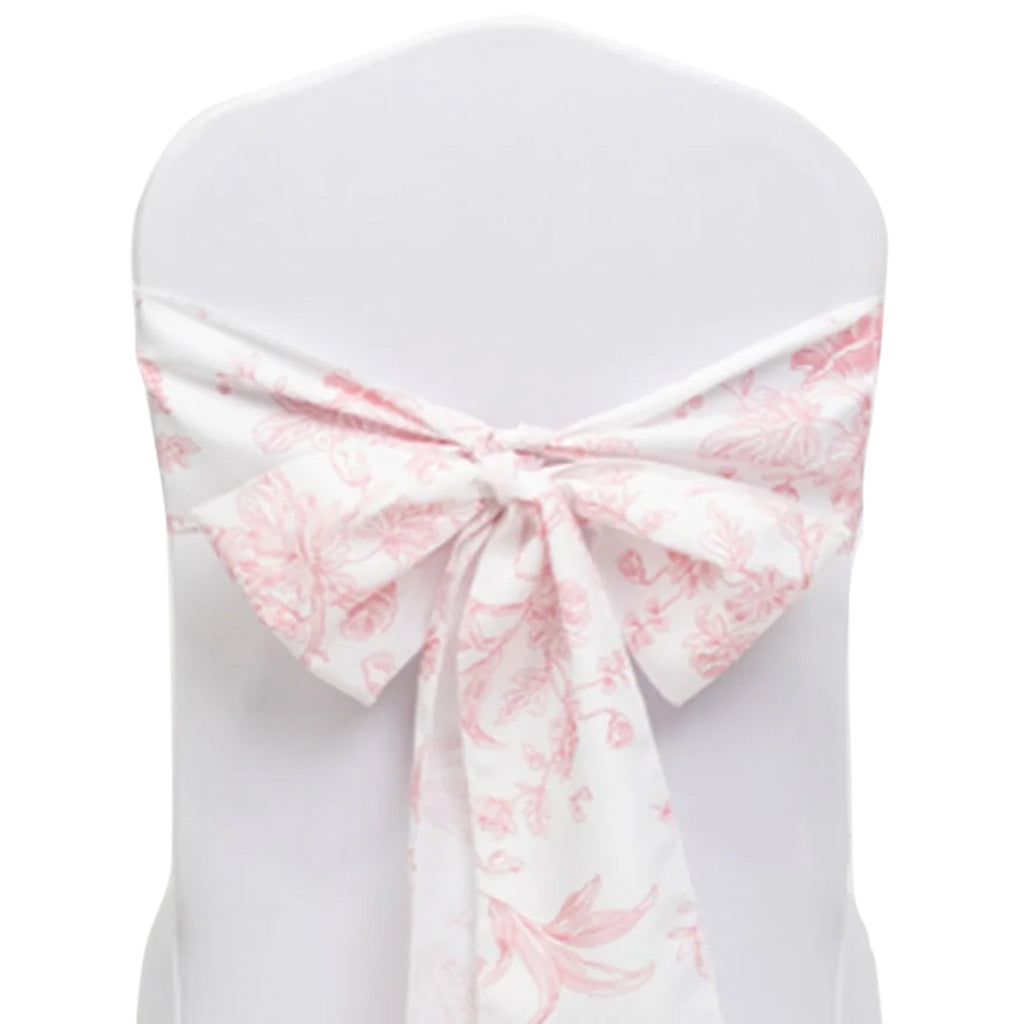 Polyester Chair Sashes White/Pink French Toile Floral Design - Wrinkle - Resistant & Durable Chair Bows 6"x108" - Bell Racket Store