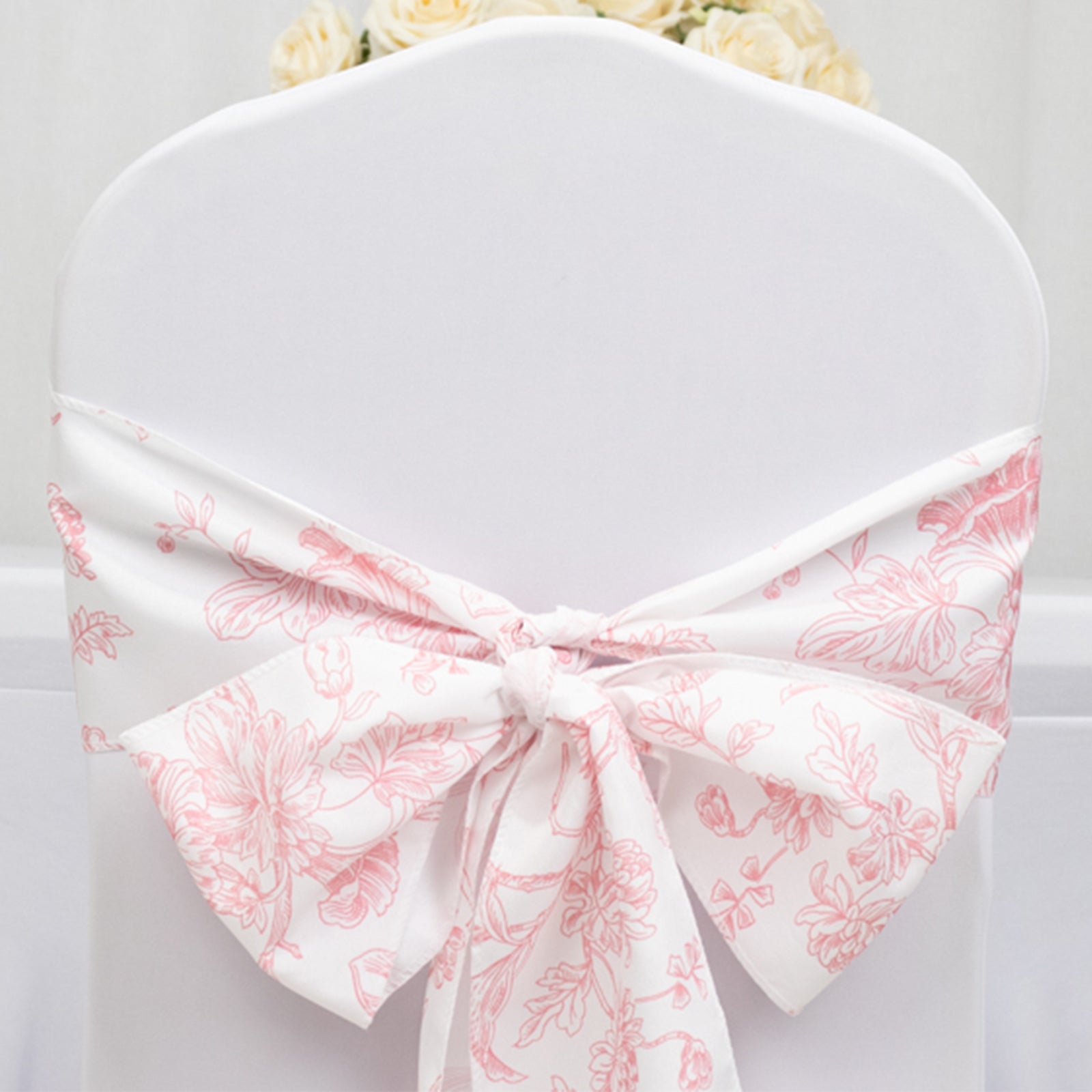 Polyester Chair Sashes White/Pink French Toile Floral Design - Wrinkle - Resistant & Durable Chair Bows 6"x108" - Bell Racket Store