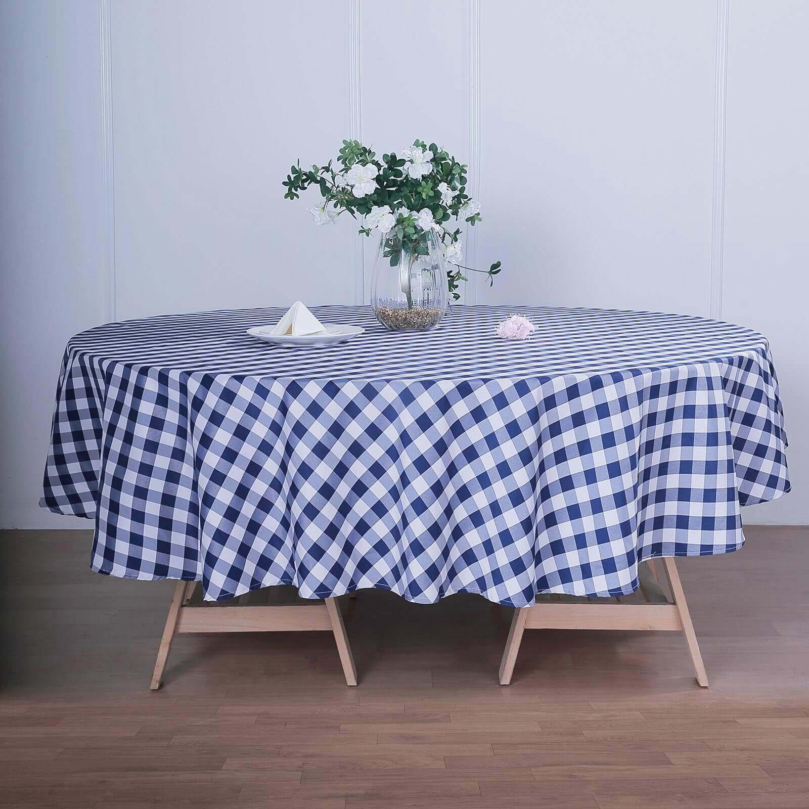 Polyester 108" Round Tablecloth White/Navy Blue - Checkered Buffalo Plaid Table Cover