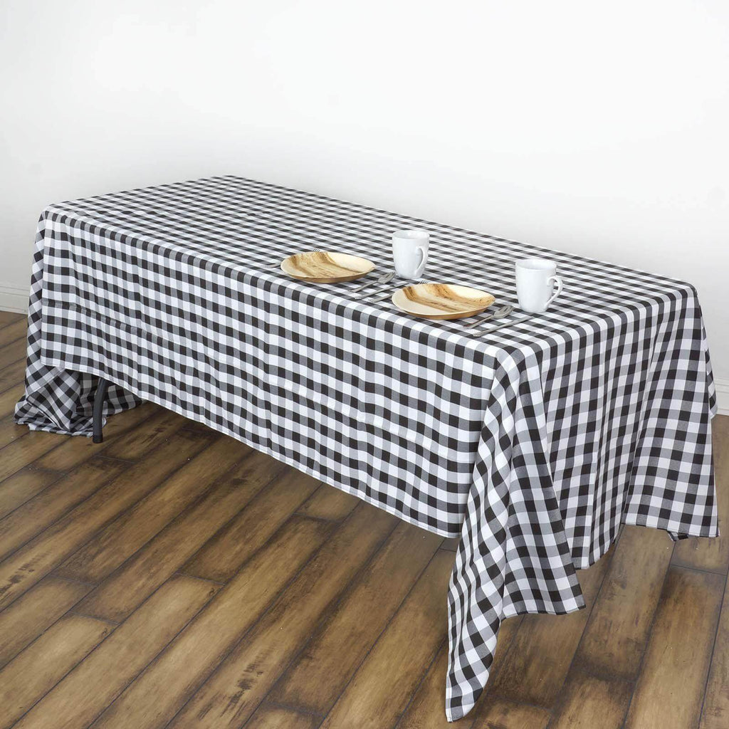 Polyester 60"x102" Rectangle Tablecloth White/Black - Checkered Buffalo Plaid Design for Everyday Use