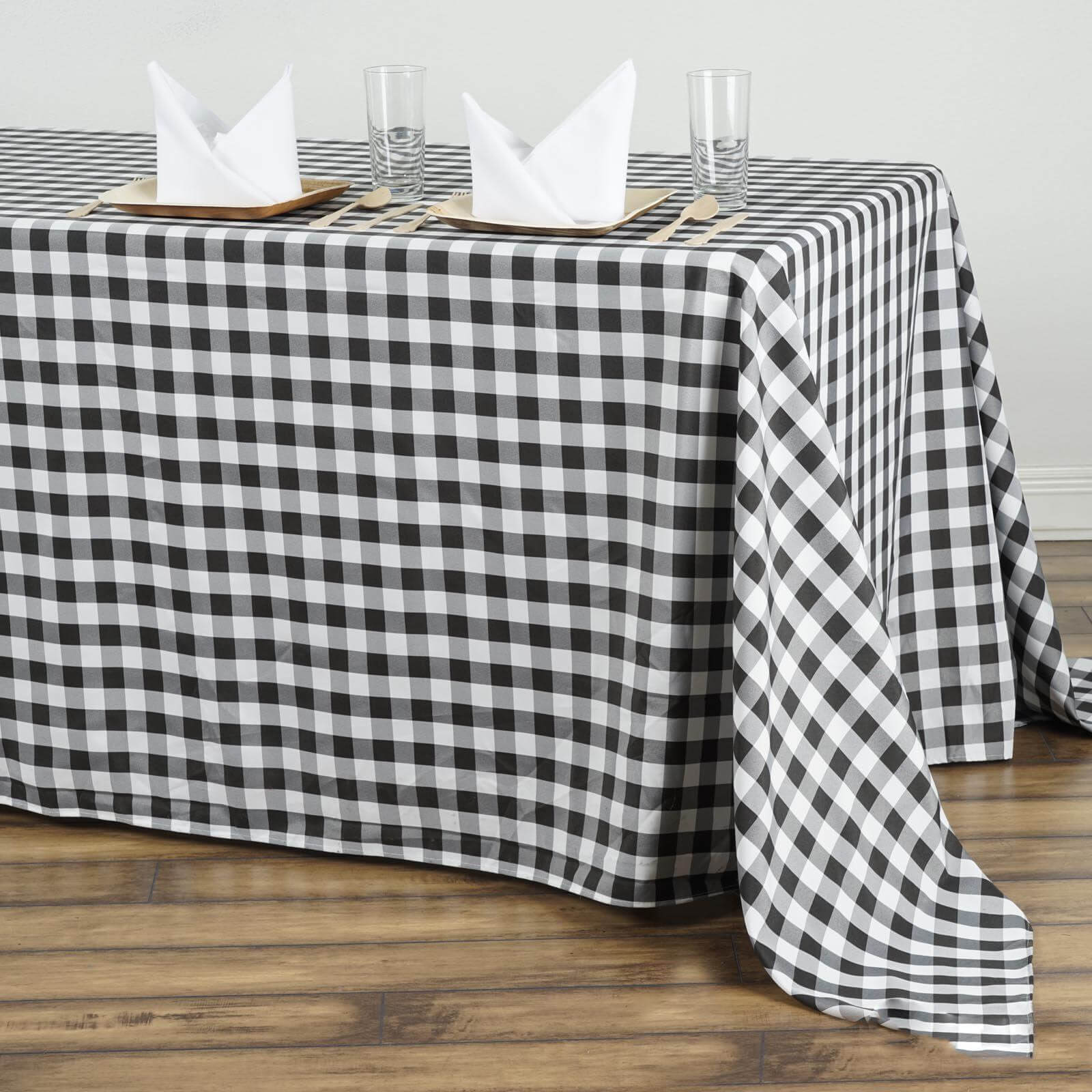 Polyester 90"x156" Rectangle Tablecloth White/Black - Seamless Checkered Buffalo Plaid Design for Rustic Occasions