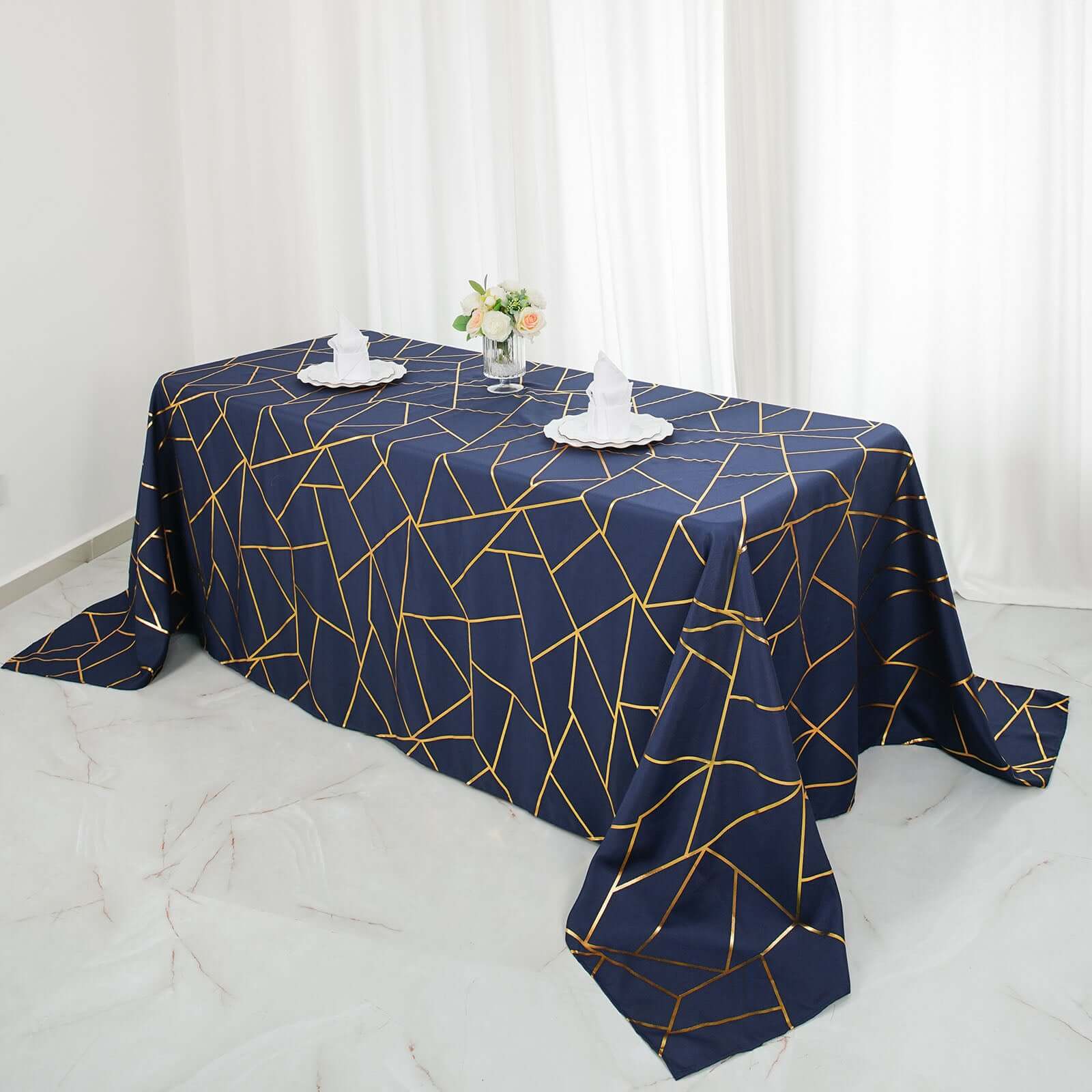 Polyester 90"x132" Rectangle Tablecloth Navy Blue with Gold Foil Geometric Pattern - Wrinkle-Resistant Seamless Table Cover