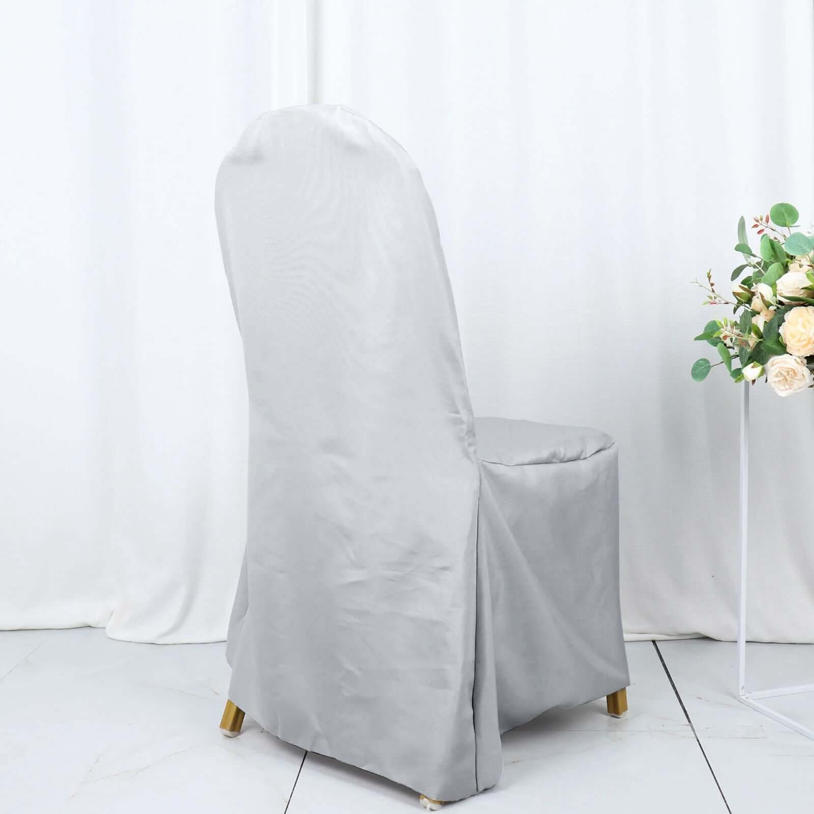 Polyester Slip On Banquet Chair Covers Silver - Stain - Resistant Reusable Durable Fabric - Bell Racket Store