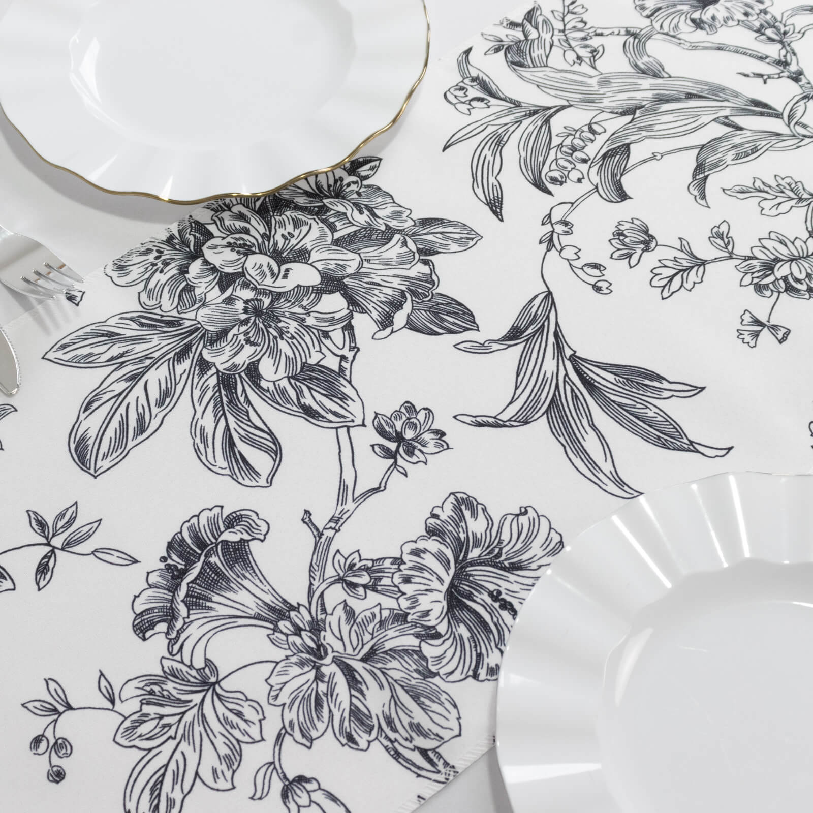Polyester Table Runner 12"x108" White with Black French Toile Floral Print Reusable Table DÃ©cor - Bell Racket Store