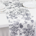 Polyester Table Runner 12"x108" White with Black French Toile Floral Print Reusable Table DÃ©cor - Bell Racket Store