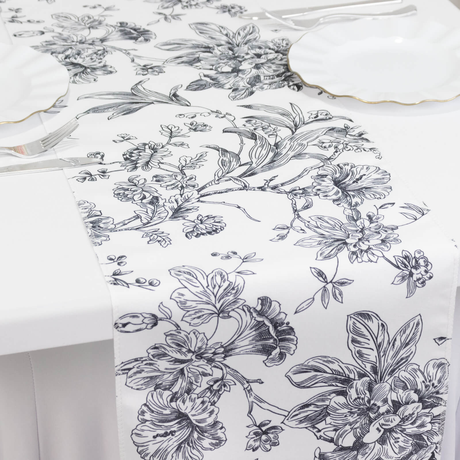 Polyester Table Runner 12"x108" White with Black French Toile Floral Print Reusable Table DÃ©cor - Bell Racket Store