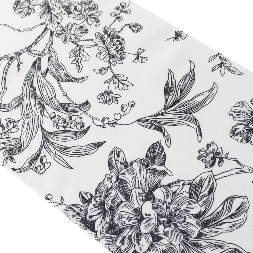 Polyester Table Runner 12"x108" White with Black French Toile Floral Print Reusable Table DÃ©cor - Bell Racket Store