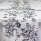 Polyester Table Runner 12"x108" White with Black French Toile Floral Print Reusable Table DÃ©cor - Bell Racket Store