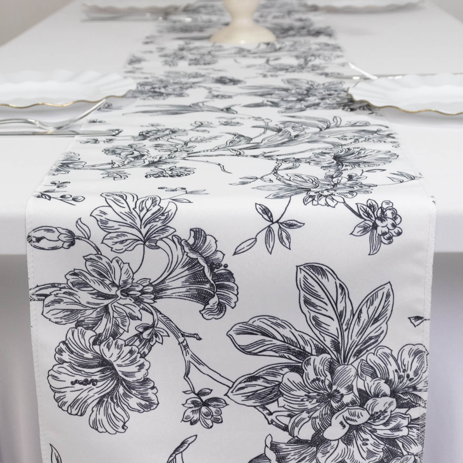 Polyester Table Runner 12"x108" White with Black French Toile Floral Print Reusable Table DÃ©cor - Bell Racket Store