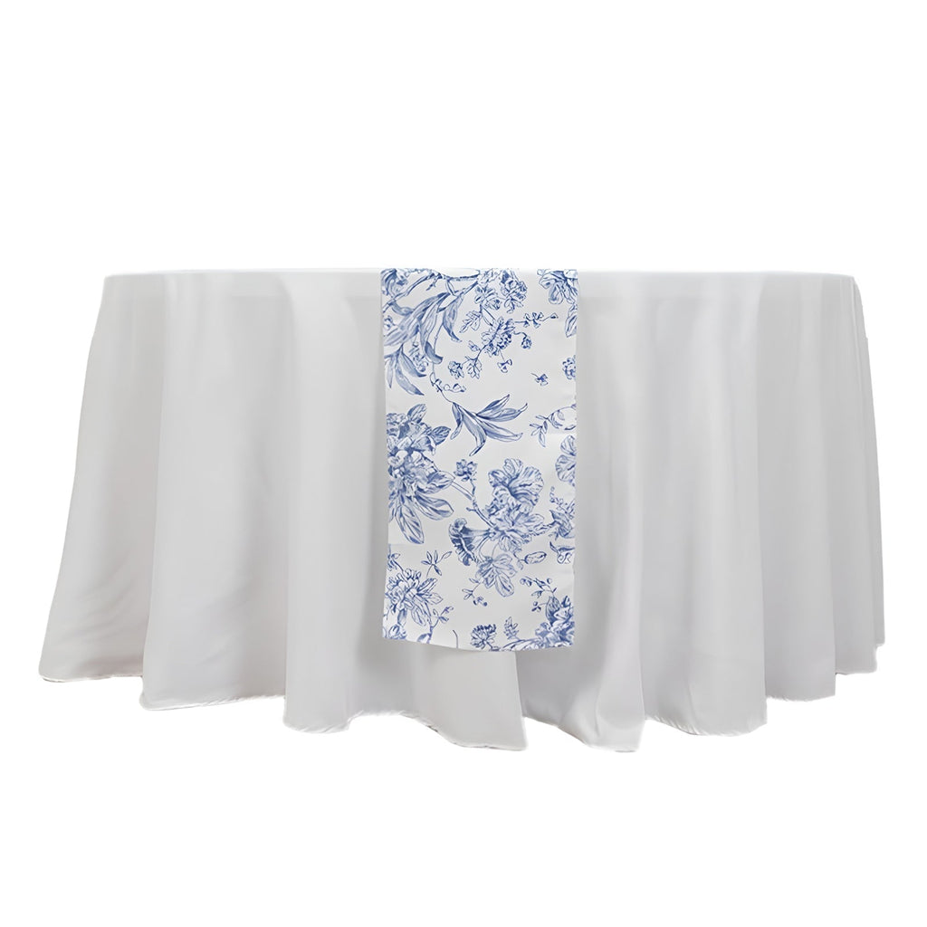 Polyester Table Runner 12"x108" White with Blue French Toile Floral Print - Stylish Reusable Table DÃ©cor - Bell Racket Store