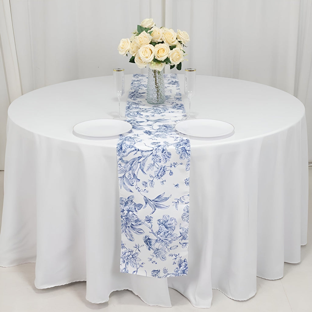 Polyester Table Runner 12"x108" White with Blue French Toile Floral Print - Stylish Reusable Table DÃ©cor - Bell Racket Store