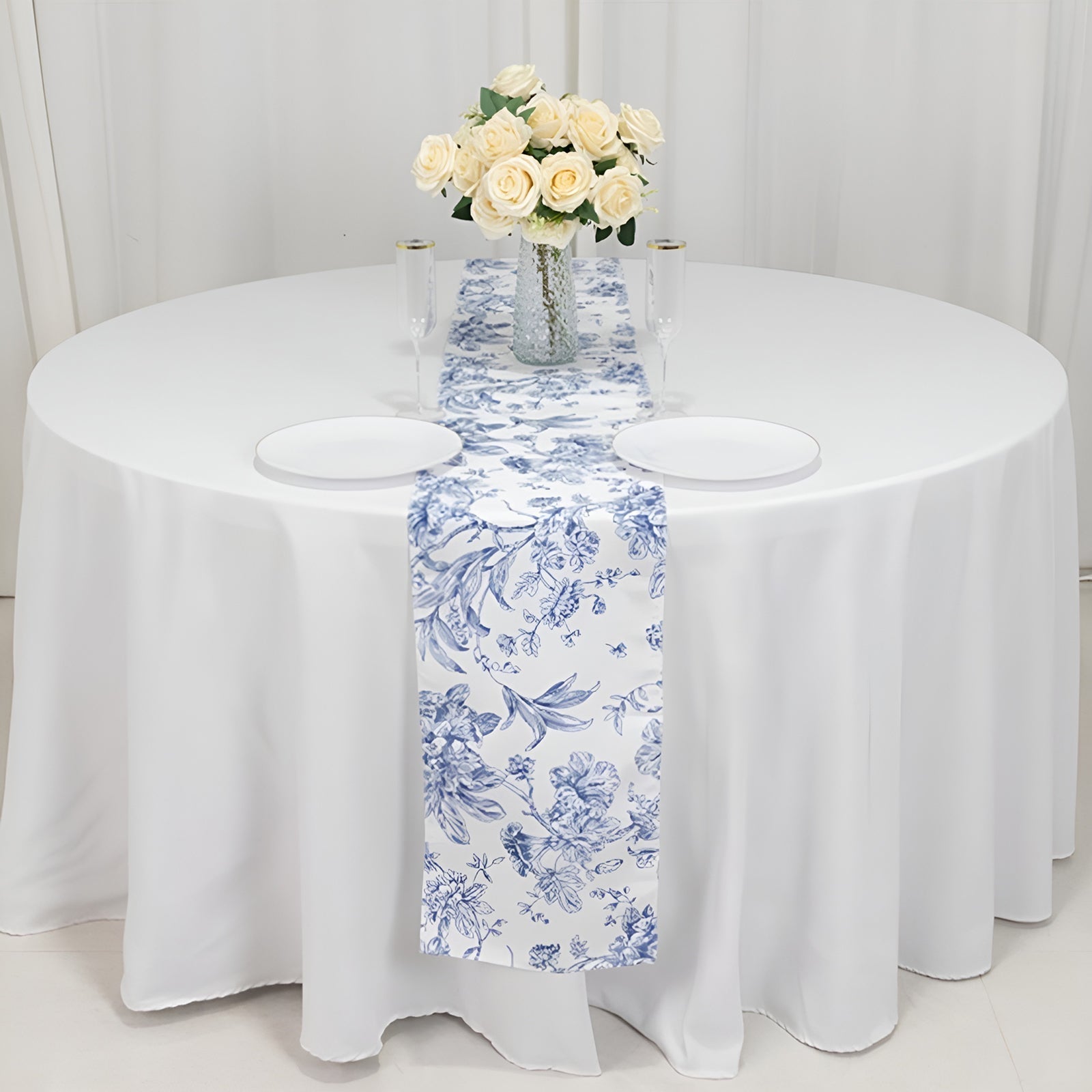 Polyester Table Runner 12"x108" White with Blue French Toile Floral Print - Stylish Reusable Table DÃ©cor - Bell Racket Store