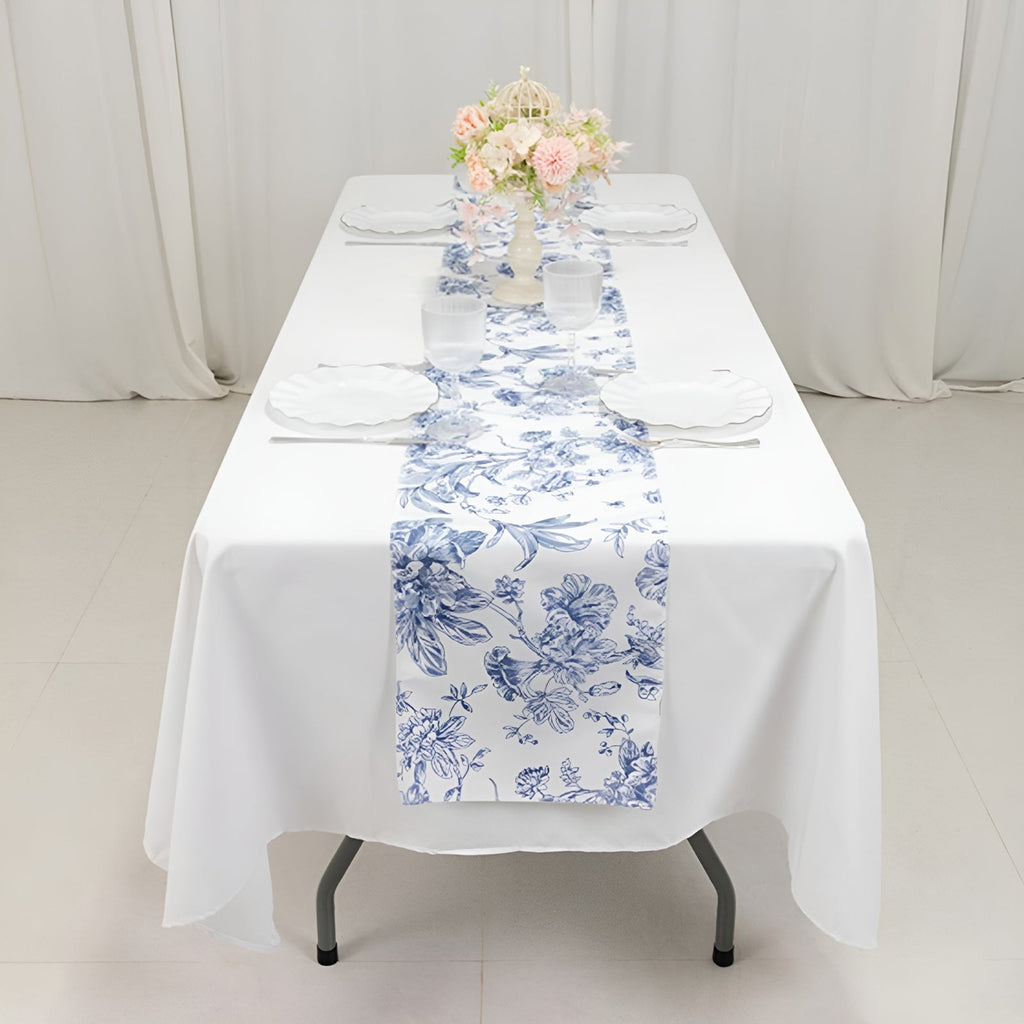 Polyester Table Runner 12"x108" White with Blue French Toile Floral Print - Stylish Reusable Table DÃ©cor - Bell Racket Store