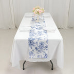 Polyester Table Runner 12"x108" White with Blue French Toile Floral Print - Stylish Reusable Table DÃ©cor - Bell Racket Store