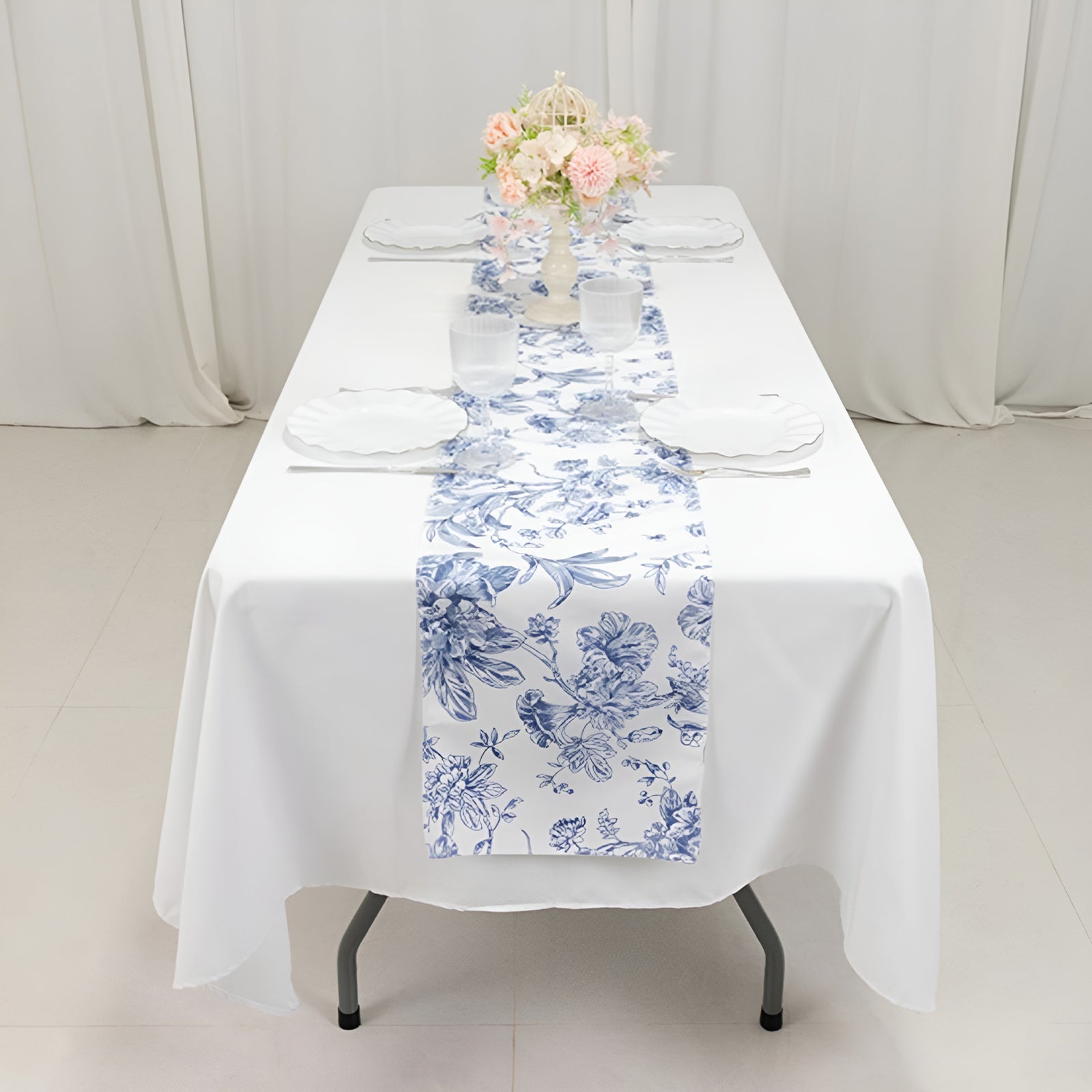 Polyester Table Runner 12"x108" White with Blue French Toile Floral Print - Stylish Reusable Table DÃ©cor - Bell Racket Store