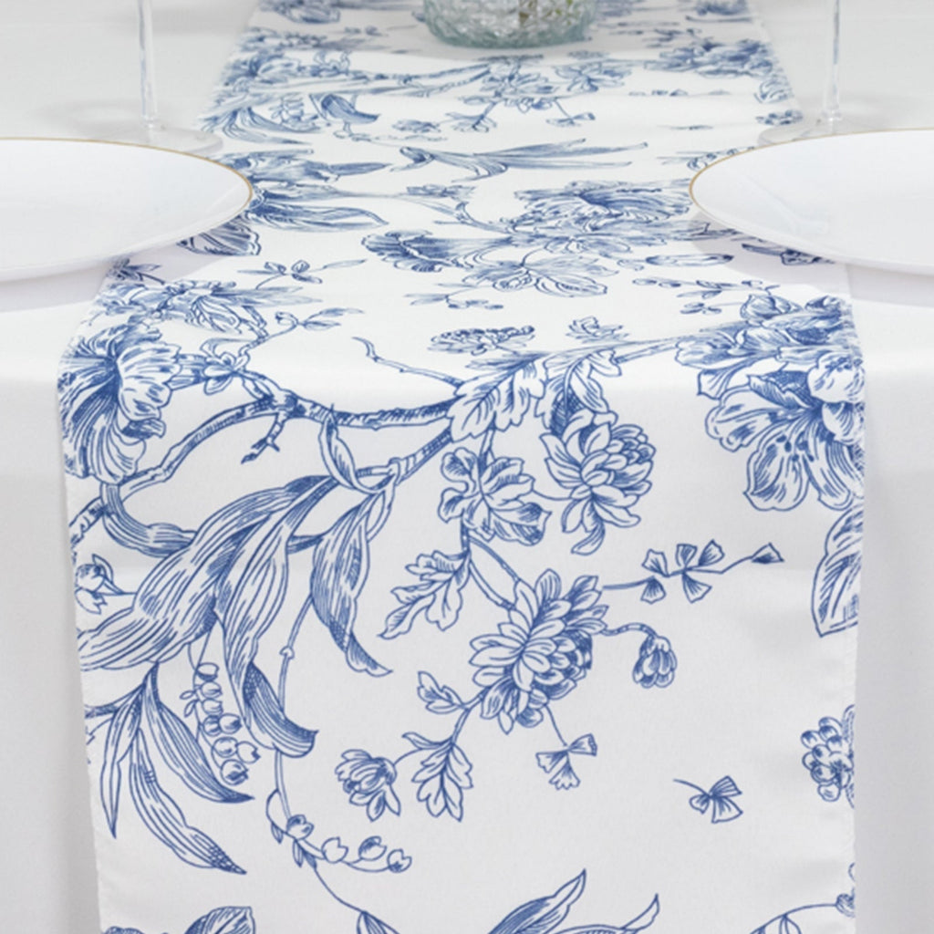 Polyester Table Runner 12"x108" White with Blue French Toile Floral Print - Stylish Reusable Table DÃ©cor - Bell Racket Store