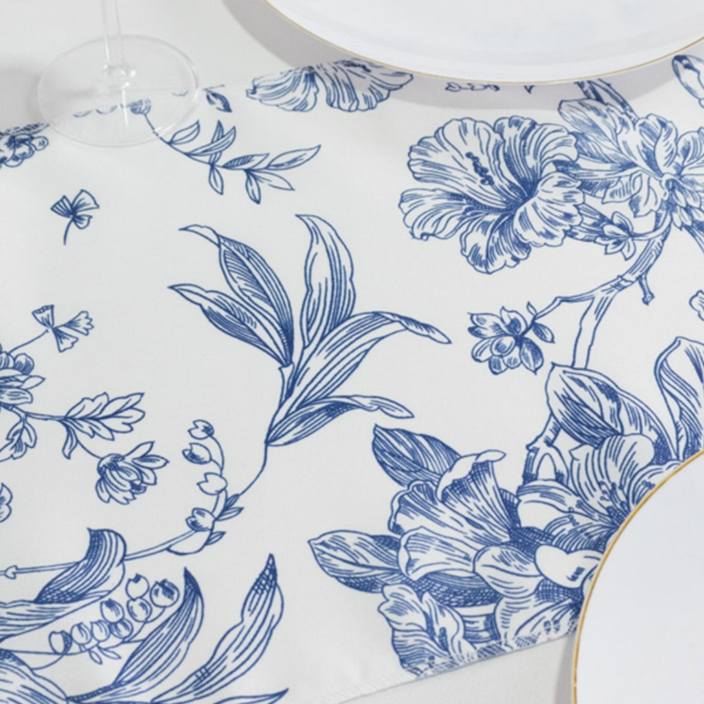 Polyester Table Runner 12"x108" White with Blue French Toile Floral Print - Stylish Reusable Table DÃ©cor - Bell Racket Store