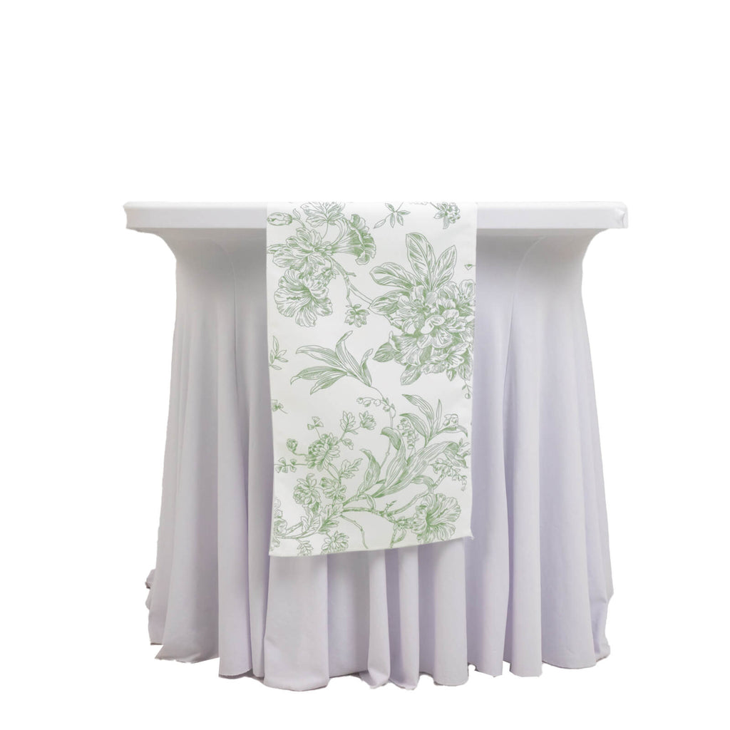 Polyester Table Runner 12"x108" White with Dusty Sage Green French Toile Floral Print Reusable Table DÃ©cor - Bell Racket Store