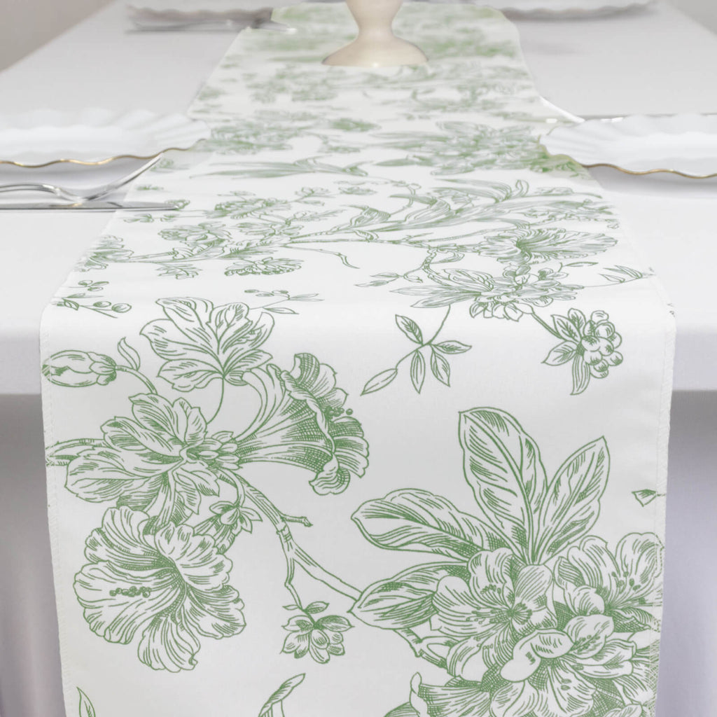 Polyester Table Runner 12"x108" White with Dusty Sage Green French Toile Floral Print Reusable Table DÃ©cor - Bell Racket Store