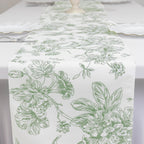 Polyester Table Runner 12"x108" White with Dusty Sage Green French Toile Floral Print Reusable Table DÃ©cor - Bell Racket Store