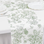 Polyester Table Runner 12"x108" White with Dusty Sage Green French Toile Floral Print Reusable Table DÃ©cor - Bell Racket Store