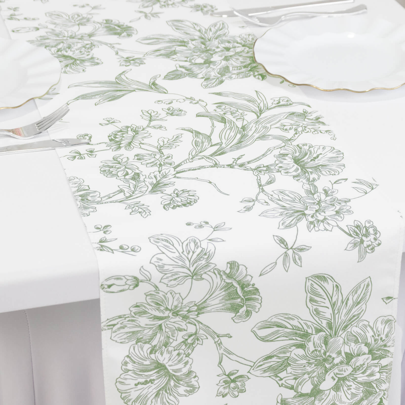 Polyester Table Runner 12"x108" White with Dusty Sage Green French Toile Floral Print Reusable Table DÃ©cor - Bell Racket Store